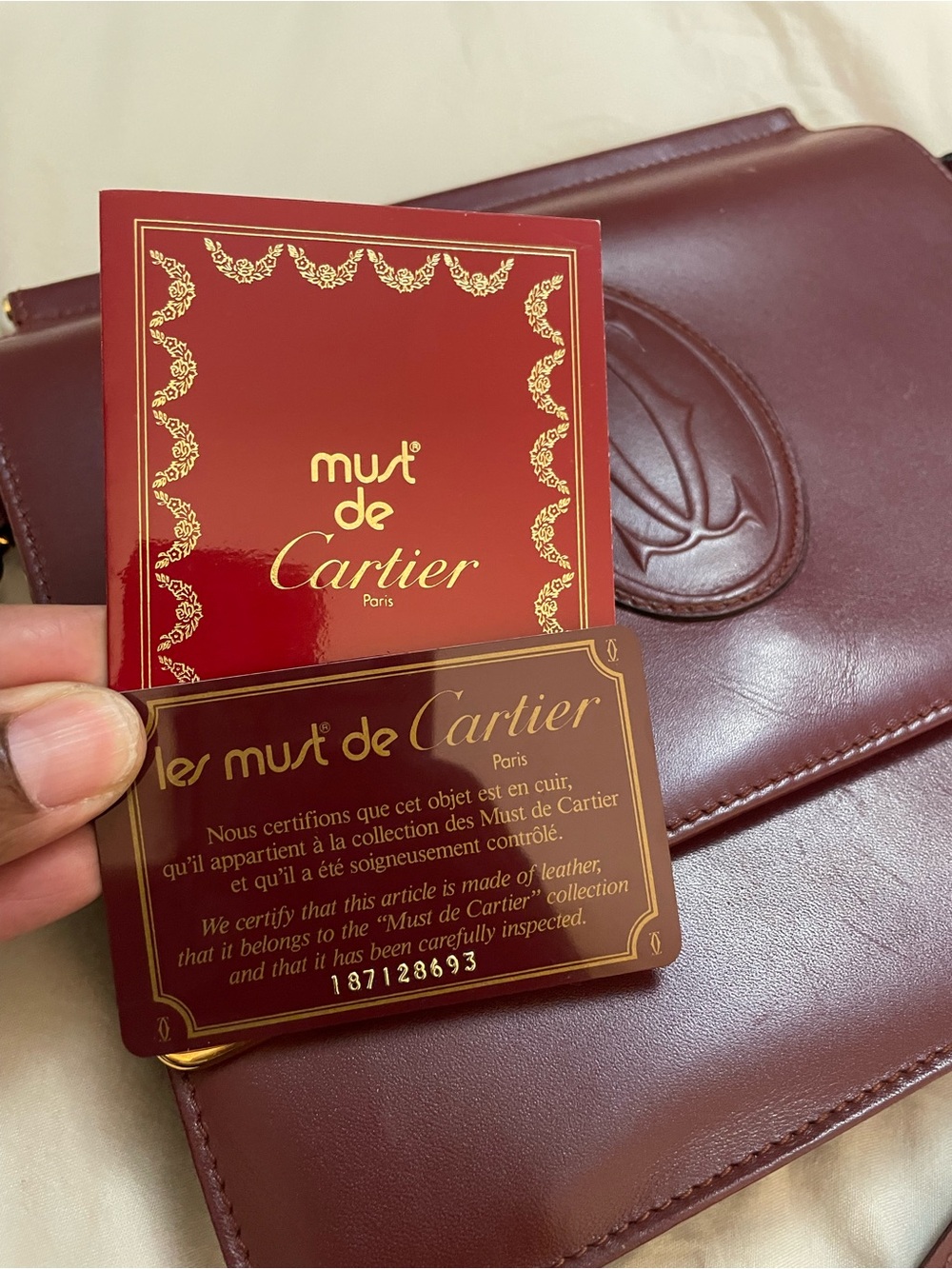 Vintage Cartier Burgundy Leather Crossbody Shoulder Bag Auth Card & Dust Bag - Picture 11 of 14